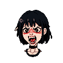 This pixel art portrait captures a fierce female character mid-roar, her sharp fangs and intense gaze conveying raw anger. A striking red symbol on her forehead amplifies her ferocious expression, creating a confrontational and energetic mood.