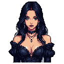 This pixel art portrait captures a gothic woman, possibly a vampire, with striking features and elegant dark attire. Her pale skin and light eyes contrast dramatically with her dark hair and clothing, creating a mysterious and alluring image.