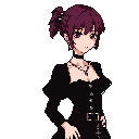 This pixel art portrait features a young woman with reddish-brown hair and a dark, elegant outfit, rendered in a muted color palette. Her direct gaze and somber expression create a captivating and slightly gothic mood.