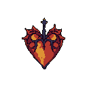 This pixel art features a menacing, heart-shaped emblem forged from molten fire, crowned with dark, metallic spikes. The ominous design evokes a sense of dark magic and contained power.