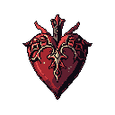 This pixel art features a regal, blood-red heart pierced by a golden-brown dagger, adorned with ornate gothic filigree. The emblem, set against a black background, evokes themes of sacrifice, love, and power with a somber, antique feel.