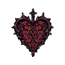 This pixel art showcases an ornate, gothic heart, embellished with thorns and intricate internal patterns. Its dark red and grey palette evokes a sense of dark fantasy and corrupted love, blending beauty with forbidding danger.