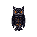 A stylized pixel art owl with piercing orange eyes stares intently from a dark void, its muted tones and subtle glowing patterns creating a mysterious and watchful presence.