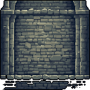 A weathered stone wall with a classical archway is rendered in detailed pixel art, evoking a sense of age and solidity. The monochromatic grey palette and irregular brick pattern create depth and texture, reminiscent of a dungeon or castle setting.