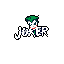 This pixel art image captures the Joker's manic energy with his iconic white face, green hair, and purple suit rendered in a retro style above his stylized name. The limited color palette and stark black background enhance the character's chaotic and slightly sinister vibe.