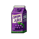 This pixel art image features a vibrant carton of grape juice, rendered in nostalgic detail with a focus on the product's packaging and iconic purple hue. The design highlights the familiar "GRAPE JUICE" label and pixelated grape cluster against a stark black background.