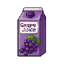 This pixel art image showcases a vibrant and nostalgic carton of grape juice. The retro-style design features plump purple grapes and clear labeling, evoking a simple and charming feel.