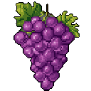 A vibrant pixel art bunch of grapes, rendered in shades of purple with green leaves and a brown stem, takes center stage against a stark black background. The image captures the plump fruit in a simple, natural style.