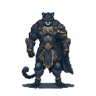 This pixel art showcases an imposing black panther warrior, clad in detailed dark armor accented with gold, radiating power and solemnity. The glowing yellow eyes and rigid posture create a formidable presence.