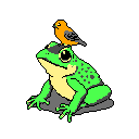 A vibrant pixel art image captures an endearing moment between a bright green frog and a small orange bird perched atop its head. The unlikely duo, rendered in sharp detail against a black void, evokes a sense of peaceful companionship.