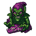 This pixel art bust captures the Green Goblin's menacing glee, complete with a wicked grin, glowing magenta eyes, and claw-like hands clutching sinister objects. Floating against a black void, the villainous portrait evokes a sense of danger and classic 8-bit nostalgia.