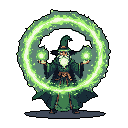 A pixel art wizard with a flowing white beard conjures powerful lime green magic, creating a swirling vortex of energy around himself. His dark green robes contrast with the vibrant spell, evoking a sense of ancient power.