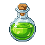 A vibrant, pixelated potion bottle filled with glowing green liquid takes center stage against a stark black backdrop. The detailed pixel art evokes a nostalgic fantasy vibe, suggesting a magical item ready for use.