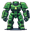A heavily armored, green mech stands ready for action, its intricate pixel art design conveying power and advanced technology. The imposing figure, with a glowing chest element and visor-like slit, evokes a sense of futuristic combat readiness.