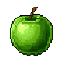 A vibrant, pixelated green apple takes center stage against a stark black background. The iconic fruit is rendered in rich detail, showcasing the simple beauty of classic pixel art.