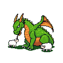 A pixelated green dragon sits amongst sparse grass, eyeing two oblivious sheep with a slightly menacing curiosity. The playful scene hints at a potential threat as the large dragon interacts with the small, innocent creatures.