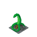 A coiled, green pixel art serpent rests on a gray tile, its textured body and dark eyes creating a mysterious and slightly ominous scene. The earthy tones of the snake and its rocky base are starkly contrasted by the isolating black background, drawing all attention to this retro-styled creature.