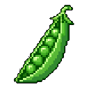A vibrant pixel art image showcases a plump green pea pod, partially open to reveal seven glossy peas inside. The simple, high-contrast design against a black background evokes a fresh and nostalgic feel, reminiscent of classic video game graphics.