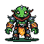 A confident, armored goblin-like creature with a toothy grin dominates this pixel art piece. Its vibrant green skin and contrasting orange and brown armor create a whimsical yet unsettling vibe.