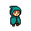 A cloaked figure with a curious expression stands out against a stark black backdrop in this simple yet mysterious pixel art. The teal-robed character's identity remains hidden, inviting intrigue.