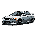 This pixel art showcases a sleek, silver performance sedan with aftermarket modifications, rendered in sharp detail. The dark background highlights the car's low stance, dark wheels, and subtle accents, evoking a cool and understated automotive vibe.