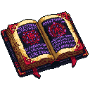 This pixel art showcases an ancient grimoire, its aged pages filled with arcane symbols and stylized text. Rich colors and intricate details evoke a sense of hidden knowledge and mystical power emanating from the open spellbook.