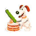 A pixelated, cheerful dog with reddish-brown ears eagerly eyes a layered cake topped with a green candle, creating a simple yet festive scene.