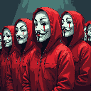 A pixel art image depicts a unified crowd wearing red hoodies and white Guy Fawkes masks, each marked with striking red streaks resembling tears or blood. The figures stand shoulder-to-shoulder, exuding anonymity and a sense of ominous collective identity.