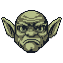 This pixel art portrait captures the stern face of a goblin or orc-like character with a deep frown and menacing gaze, rendered in a limited palette of green-gray tones. The subject's furrowed brow and downturned mouth convey a sense of annoyance or formidable concentration.