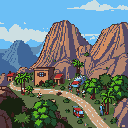 This pixel art depicts a bustling village scene with a winding road, featuring pixelated figures and vehicles engaged in everyday activities against a backdrop of imposing mountains.