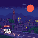 This pixel art depicts a stylized cityscape at night, complete with a prominent bell tower and glowing lights suggesting a quiet urban bustle. A large, reddish-orange moon dominates the indigo sky above the city, which is reminiscent of Grand Theft Auto's retro aesthetic.