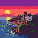 A pixel art villa complex clings to a cliffside at sunset, its varied architecture hinting at luxurious coastal living. A lone yacht bobs in the water below, mirroring the sky's vibrant hues. The scene evokes a sense of tranquil escapism.
