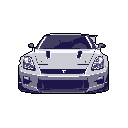 This pixel art showcases a sleek, gray and purple Nissan GT-R, rendered in a cool, monochromatic style. The detailed, head-on view highlights the iconic sports car's form against a stark black backdrop.