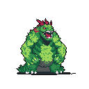 A menacing, moss-covered reptilian monster roars in detailed pixel art, its claws clenched and red spikes jutting from its head. The creature's raw power is emphasized by its imposing stance and sharp, bared teeth.