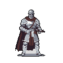 A stoic pixel art knight in full plate armor stands ready, his muted metallic tones and imposing stance creating a sense of medieval might. The dark cape and featureless background further emphasize his presence.