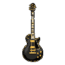 This pixel art image showcases a striking electric bass guitar rendered in high-contrast black, yellow, and gray. The instrument is depicted upright against a solid black background, highlighting its retro, graphic design.