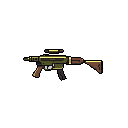 This pixel art image showcases a detailed, side-view of an assault rifle rendered in earthy tones, emphasizing its functional design. The weapon's components are meticulously crafted with brown, olive green, and black pixels, evoking a classic gaming aesthetic.