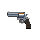 This pixel art piece showcases a detailed revolver handgun, rendered in cool grays and browns with a touch of orange in the open cylinder. The weapon's profile view and realistic color scheme create a focused and neutral depiction.