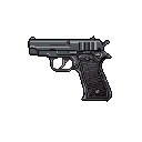 This pixel art image showcases a detailed, monochromatic rendering of a semi-automatic handgun in profile. The weapon's metallic tones and clean pixel style give it a sterile, video game-like feel against a stark black background.