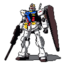 A powerful, pixelated mecha stands ready in stark white, black, and grey, accented by vibrant red, yellow, and blue details, evoking classic sci-fi designs. The highly detailed mobile suit dominates the frame, armed and poised against a void backdrop.