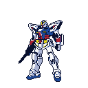 A classic Gundam-style mecha stands ready, rendered in vibrant pixel art with iconic white, blue, and red coloring. The heroic mobile suit, armed with a beam rifle, evokes a sense of power and nostalgia against a stark black backdrop.