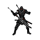 A futuristic ninja or assassin stands poised and ready, its menacing red eyes gleaming from beneath a dark cowl as it grips a glowing white blade. The pixel art evokes a sense of stealth and danger, reminiscent of classic video game aesthetics.