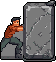 A muscular man strains against a massive, cracked stone slab, his pixelated figure embodying a timeless struggle against a heavy burden.