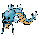 This pixel art depicts a powerful Gyarados, mouth agape in a fierce roar, coiled and ready to strike. The blue and orange serpentine Pokémon dominates the frame, its aggressive pose amplified by the stark black background.
