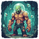 Behold this monstrous pixel art creation: a scarred, orange-brown humanoid with a sickly green, bubble-encased head, roaring with rage. Glowing orbs surround this imposing figure, hinting at a mutated origin within a murky, cavernous laboratory.