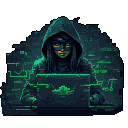A hooded hacker, shrouded in shadow with piercing green eyes, intensely focuses on a laptop amidst a swirling vortex of digital code. The pixel art evokes a sense of mystery and technological prowess, hinting at illicit activity within a cyberpunk-esque world.