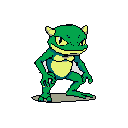 This pixel art depicts a watchful, frog-like creature with bright yellow eyes and horns, posed in a ready stance. The green-toned, muscular figure evokes a classic RPG character ready for action.