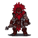 A formidable, red-bearded dwarf warrior stands ready, weapon in hand, radiating strength and a stern demeanor. The pixel art portrait captures the character's rugged power with a dark, earthy palette punctuated by vibrant red accents.