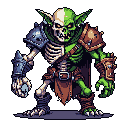 This detailed pixel art showcases a menacing goblin-skeleton hybrid, split down the middle with grotesque beauty. The creature stands powerfully against a black backdrop, its intense red eye and mismatched armor hinting at a formidable dark fantasy presence.