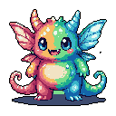 A joyful, split-color dragon-like creature with butterfly wings and tiny horns smiles brightly in this adorable pixel art. The vibrant design features warm pinks and oranges on one side, contrasted with cool blues and greens on the other.